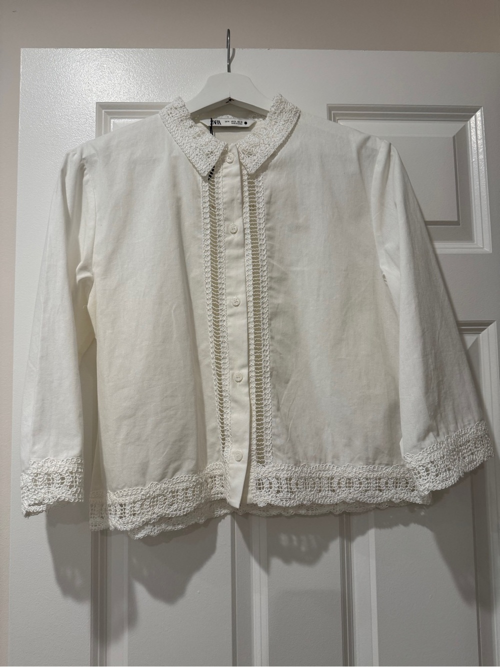 Zara White Crochet-Trim Cotton Button Down